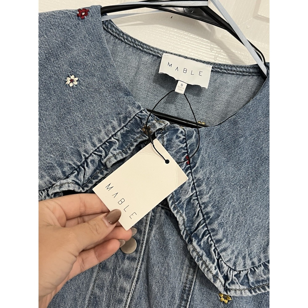 Cottagecore Denim Jacket Floral Embroidered Peter Pan Collar Coquette Fairycore - Picture 9 of 16